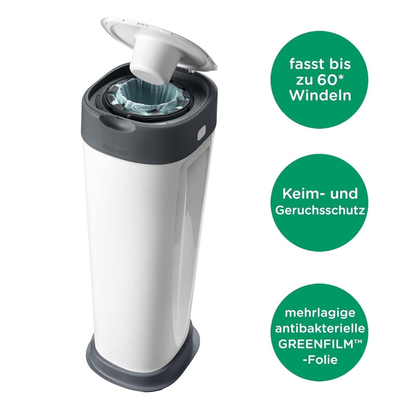 Tommee Tippee Twist & Click Nappy Bin XL, Holds up to 60 Nappies, 76 cm High, Environmentally Friendly System with 1 Refill Cassette with Sustainably Covered Antibacterial Greenfilm