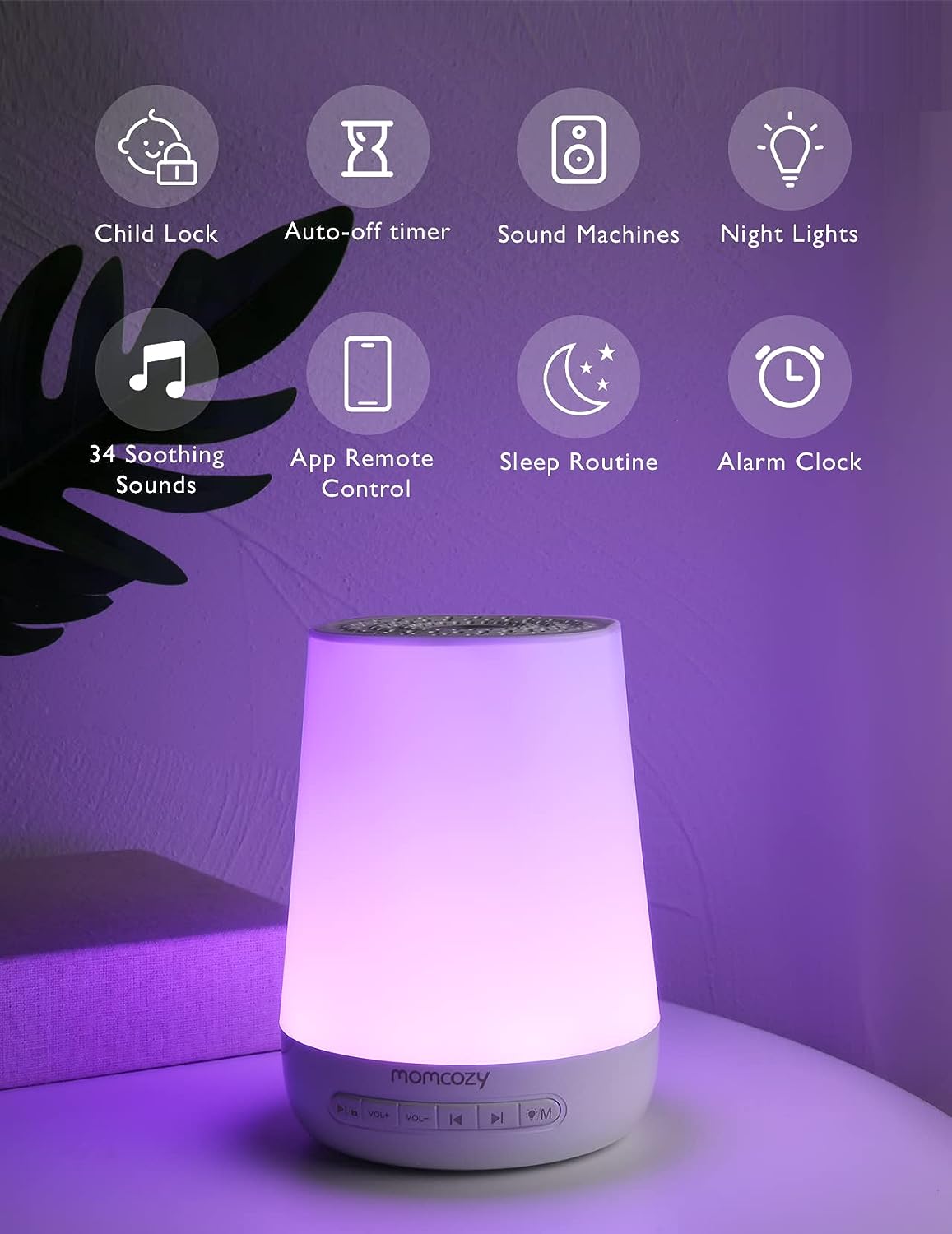 Momcozy White Noise Machine, Sleep Aid Baby Sound Machine, White Noise with 34 Soothing Sounds, 7 Colours Night Light, Adult Sound Therapy, Timer, App Remote Control, Home - Baby Bliss