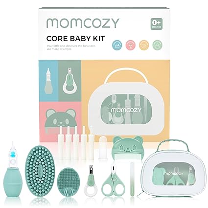 Momcozy Core Baby Kit, Baby Basic Set for Care & Health & Cleaning, Nail File Set, Nasal Aspirator, Gas Relief Tubes, Bath Brushes, Finger Toothbrush, Comb and Portable Storage Bag