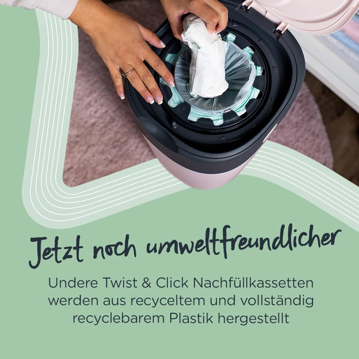 Tommee Tippee Twist & Click Advanced Nappy Bin, Environmentally Friendly System with 1 Refill Cassette with Sustainably Covered Antibacterial Greenfilm, White