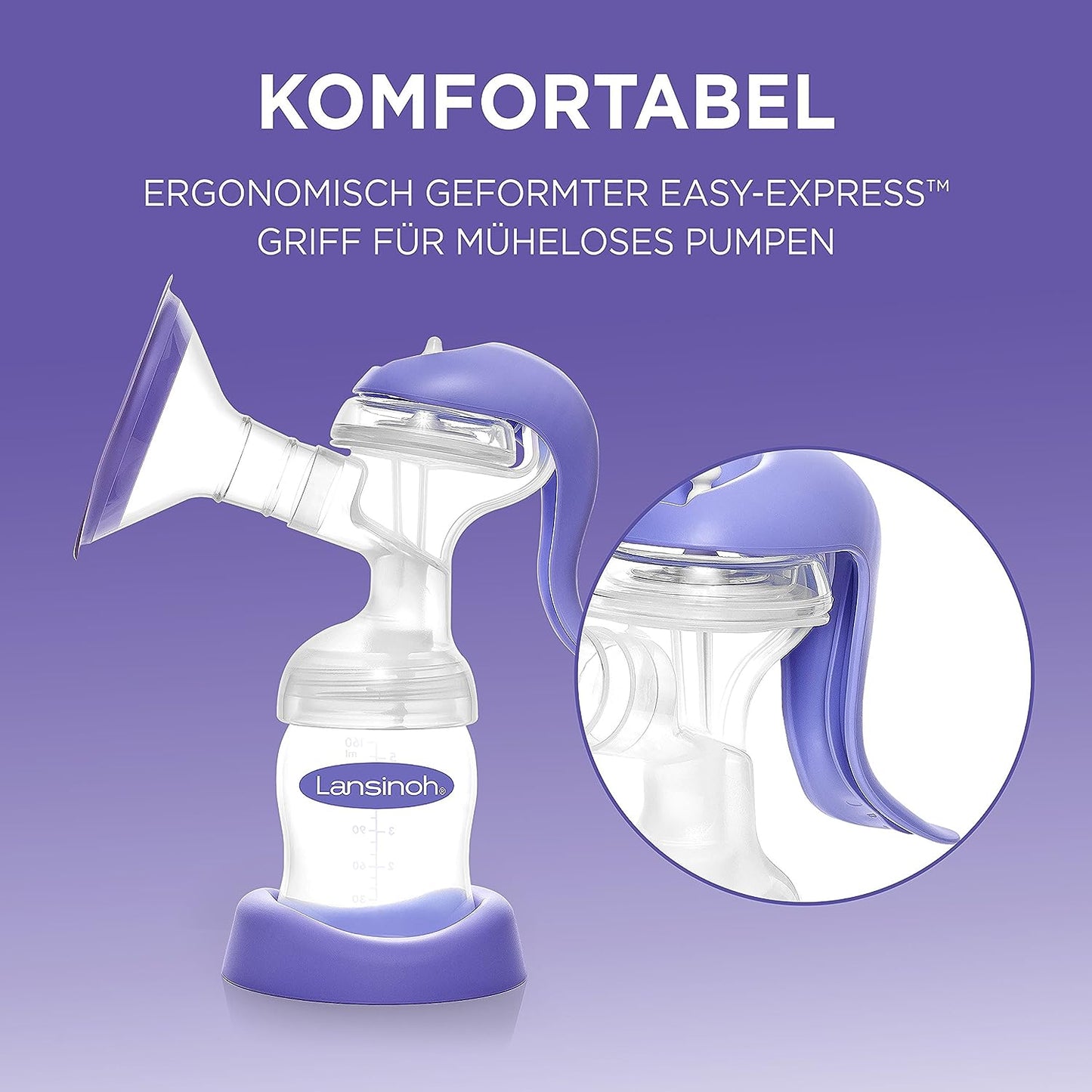 Lansinoh 50552 Manual Breast Pump, Wide Neck with NaturalWave Nipple Cup Hand milk pump Purple/transparent - Baby Bliss