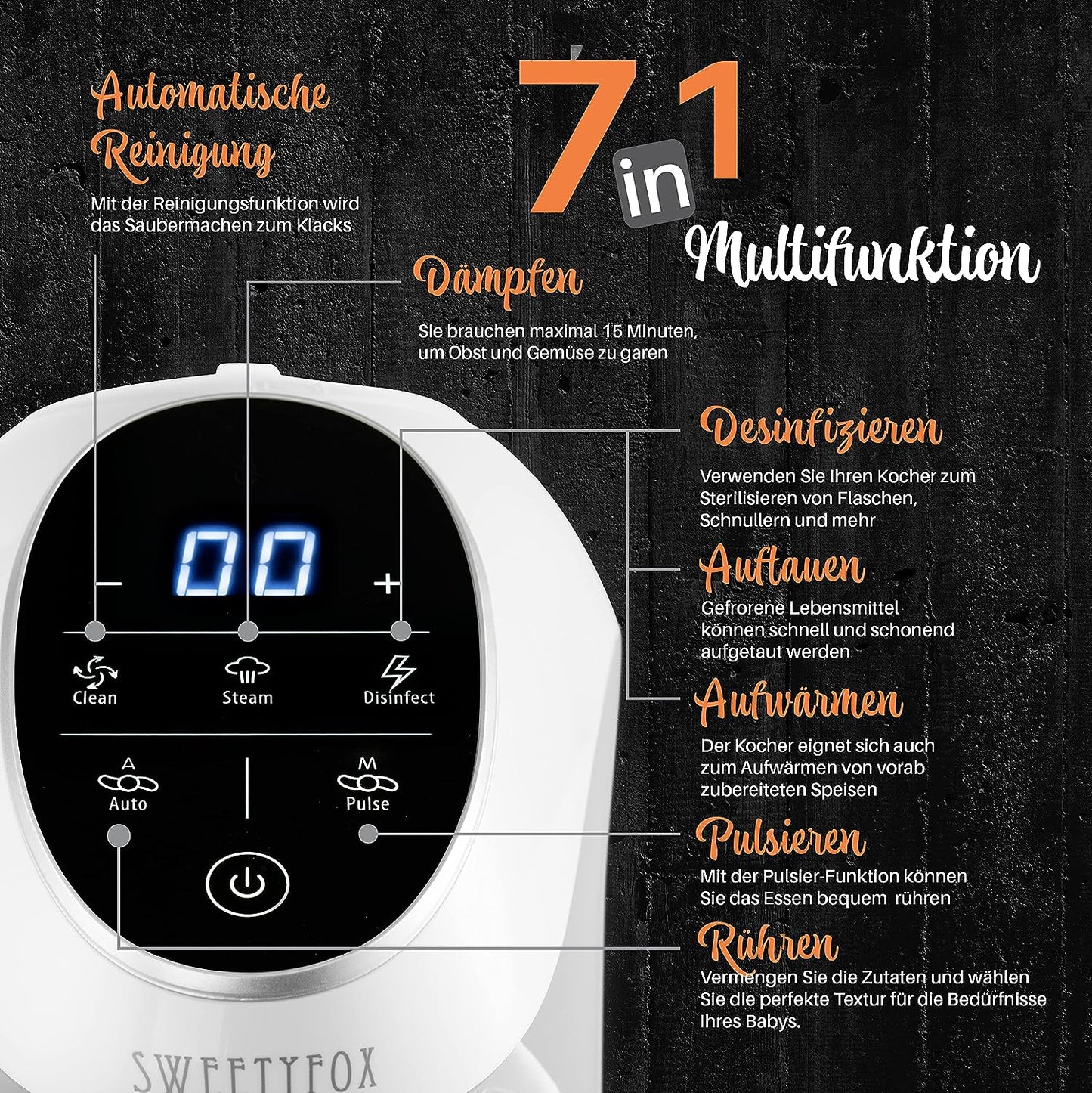 Multifunction Baby Food Preparer 7-in-1 - Steamer, Mixer, Pulse, Automatic Cleaning Function, Bottles Steriliser, Heat, Defrost Function - Porridge Cooker Multifunction - Baby Bliss