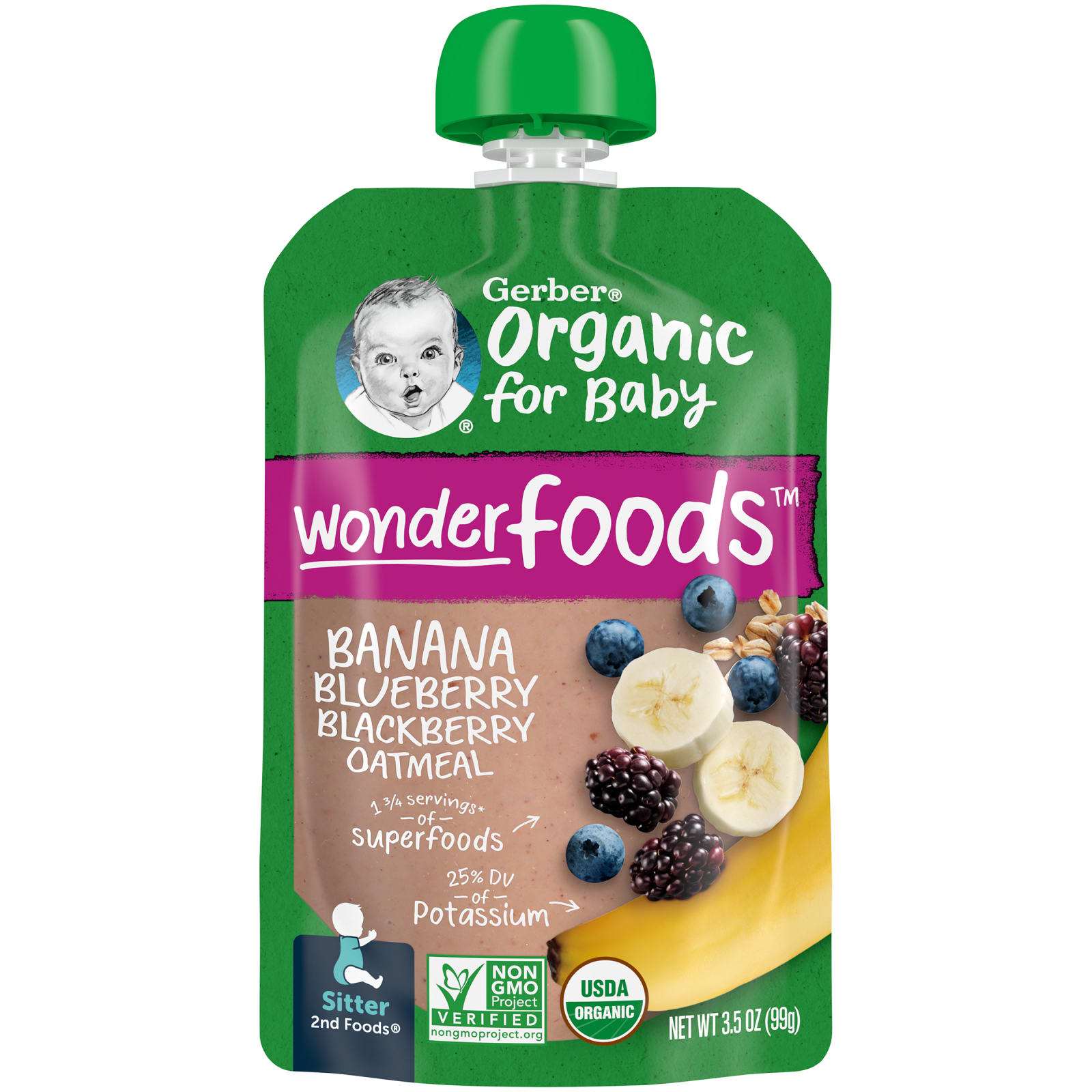 Gerber, Organic for Baby, Wonder Foods, 2nd Foods, Banana, Blueberry, and Blackberry Rolled Oats, 3.5 oz (99 g)