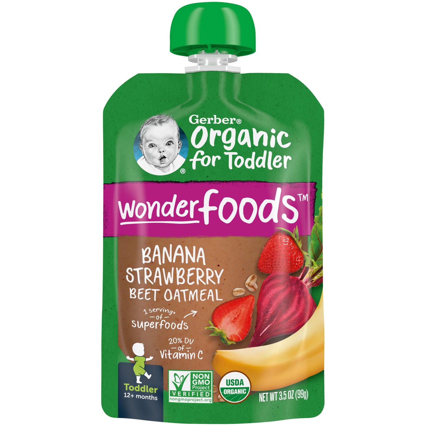 Gerber, Organic for Toddler, Wonder Foods, 12+ Months, Banana Strawberry Beet Oatmeal, 3.5 oz (99 g)