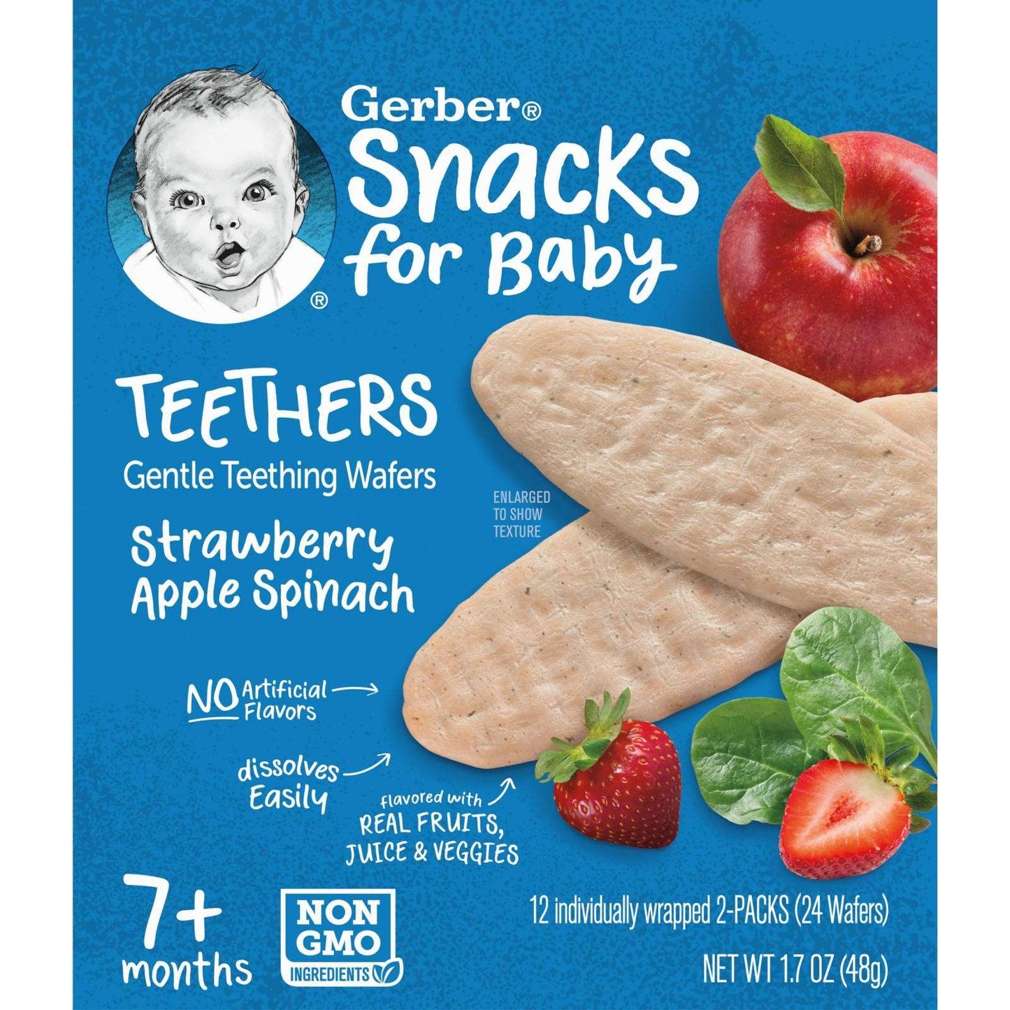 Gerber Baby Snacks Teethers Soft Teething Wafers 7 Months+ Strawberry Apple Spinach 12 Individually Wrapped 2 Packs 2 Wafers Each