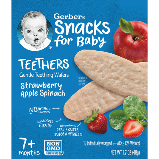 Gerber, Snacks for Baby, Teethers, Gentle Teething Wafers, 7+ Months, Strawberry Apple Spinach, 12 Individually Wrapped 2-Packs, 2 Wafers Each
