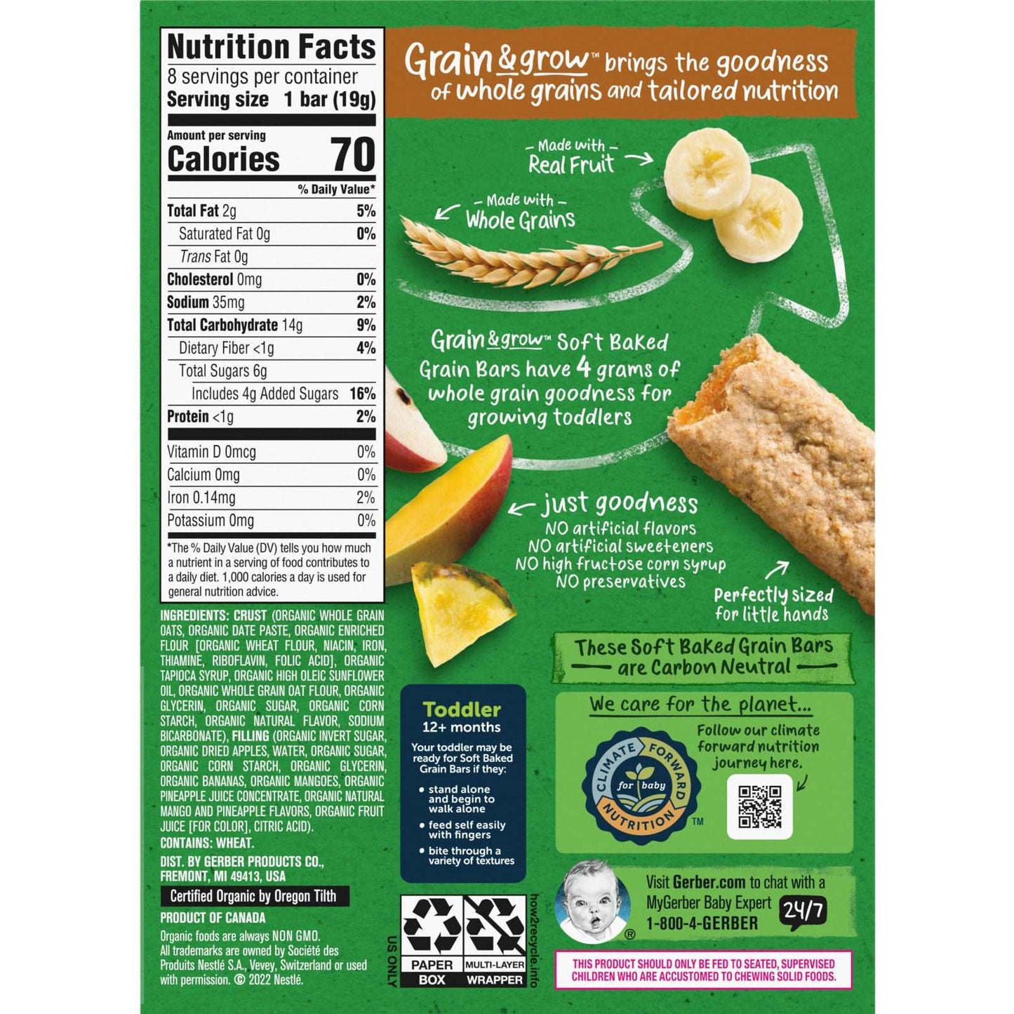 Gerber, Organic, Grain & Grow, Soft Baked Cereal Bars, 12 Months+, Banana Mango Pineapple, 8 Individually Wrapped Bars, 0.68 oz (19 g) Each