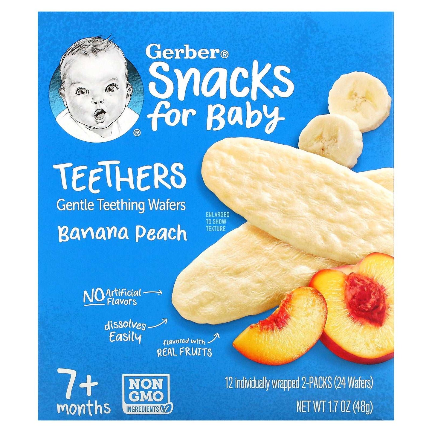 Gerber Baby Snacks Teethers Soft Teething Wafers 7 Months+ Banana Peach 12 Individually Wrapped 2 Packs 2 Wafers Each