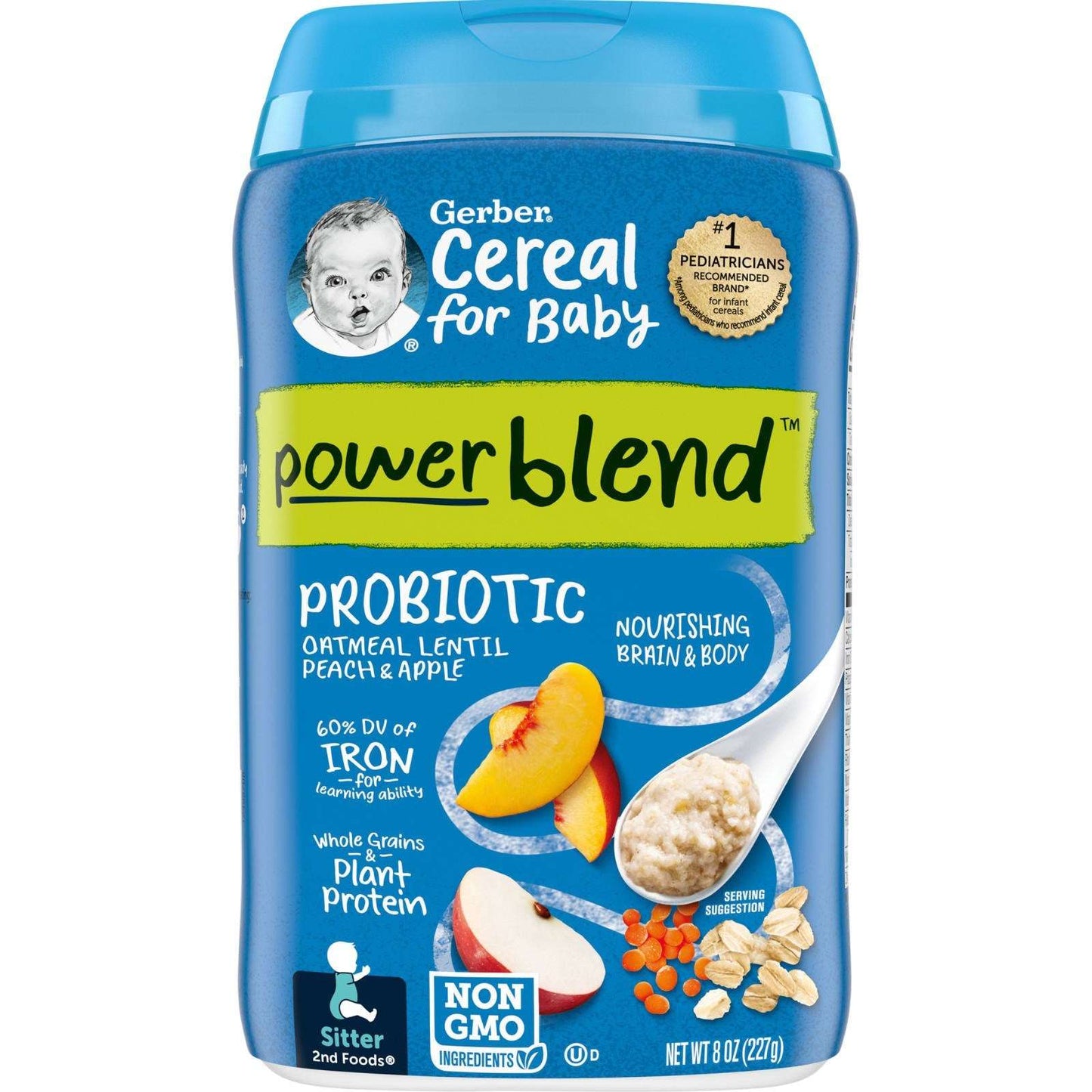 Gerber, Baby Cereal, Power Blend, 2nd Foods, Probiotic Oatmeal Lentils, Peach & Apple, 8 oz (227 g)
