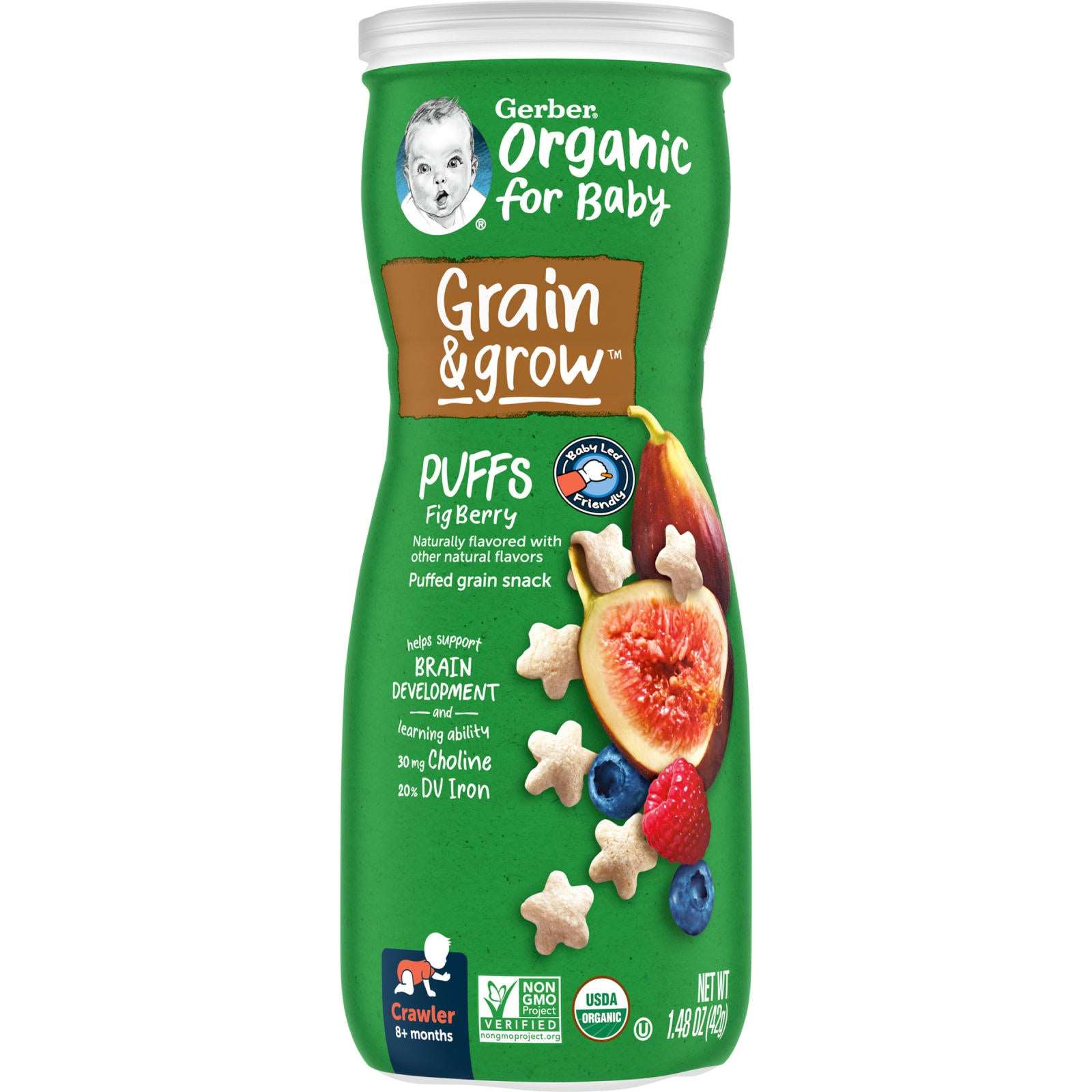Gerber, Organic for Baby, Grains and Growth, Puffs, Puffed Grain Snack, 8+ Months, Fig Berry, 1.48 oz (42 g)