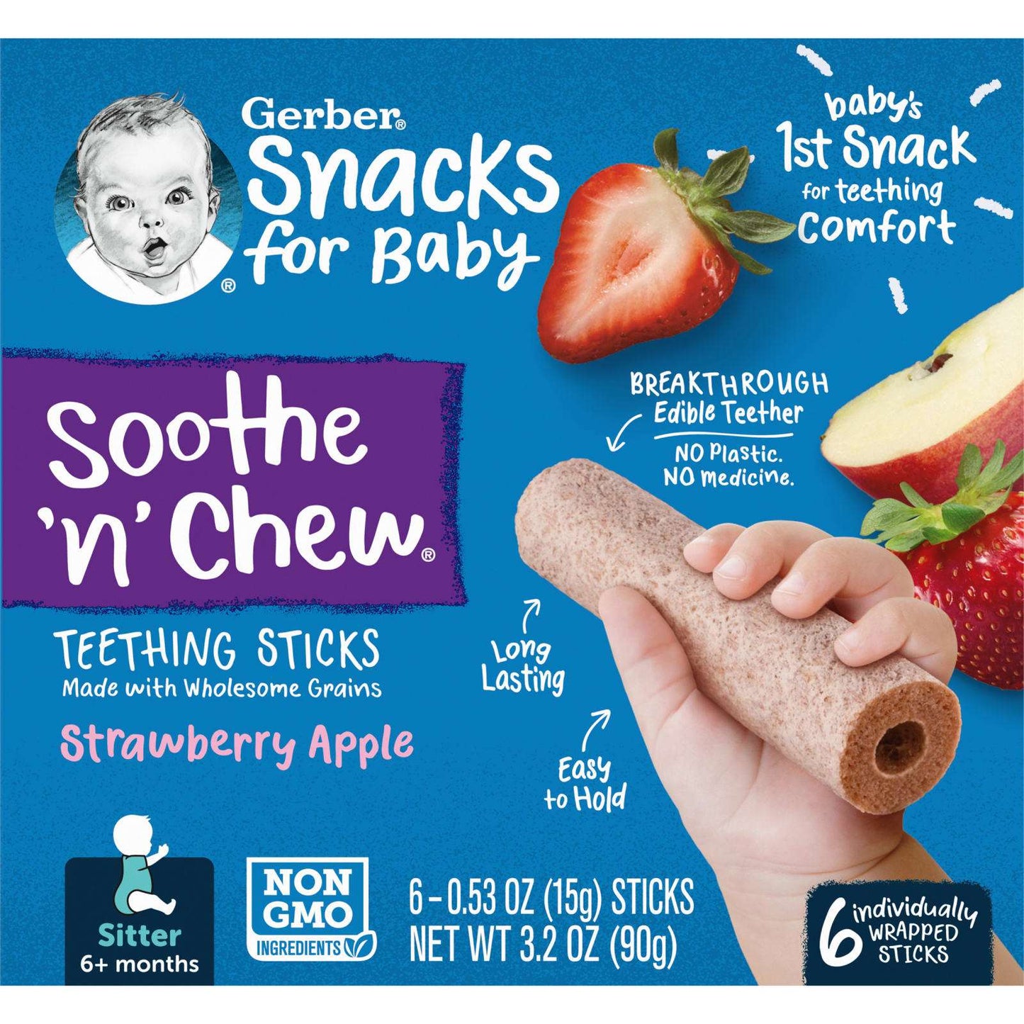 Gerber, Snacks for Baby, Soothe 'n' Chew, Teeth Sticks, 6 Months+, Strawberry Apple, 6 Individually Wrapped Sticks, 0.53 oz (15 g) Each