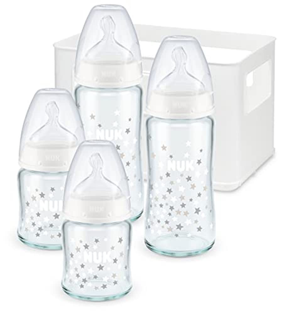 NUK First Choice+ Baby Bottle Starter Set Made of Glass and Silicone | 0-6 Months | 4 Bottles with Temperature Control & Bottle Box | Anti-Colic Air System | BPA Free | 5 Pieces - Baby Bliss