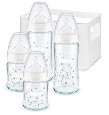 NUK First Choice+ Baby Bottle Starter Set Made of Glass and Silicone | 0-6 Months | 4 Bottles with Temperature Control & Bottle Box | Anti-Colic Air System | BPA Free | 5 Pieces - Baby Bliss