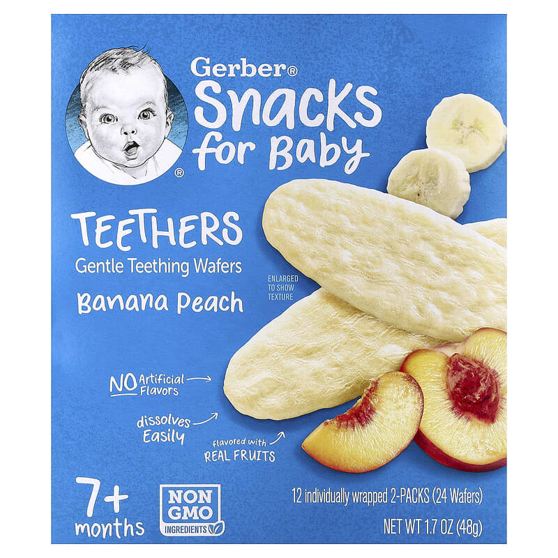 Gerber, Snacks for Baby, Teethers, Gentle Teething Wafers, 7+ Months, Banana Peach, 12 Individually Wrapped 2-Packs, 2 Wafers Each
