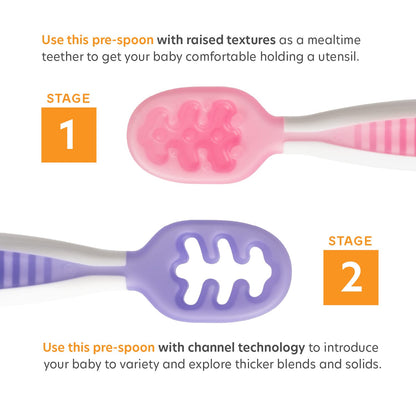 NumNum Baby Learning Spoons, Set of 2, Silicone Spoons Phase 1 + 2, Best Baby Spoons Recommended by BLW Experts (Baby Led Weaning), Lilac/Pink Pre-spoons Lilac/Rosebud - Baby Bliss