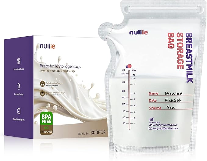 Nuliie Pack of 50 Breast Milk Bags, 250 ml BPA-Free Breast Milk Storage Bag,