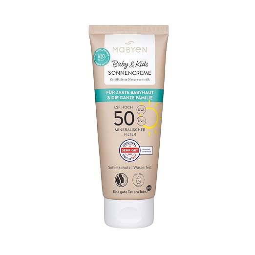 MABYEN Baby and Kids Sun Cream SPF 50 100 ml | High Sun Protection - Certified Natural Cosmetics - Natrue, Vegan, Fragrance-Free