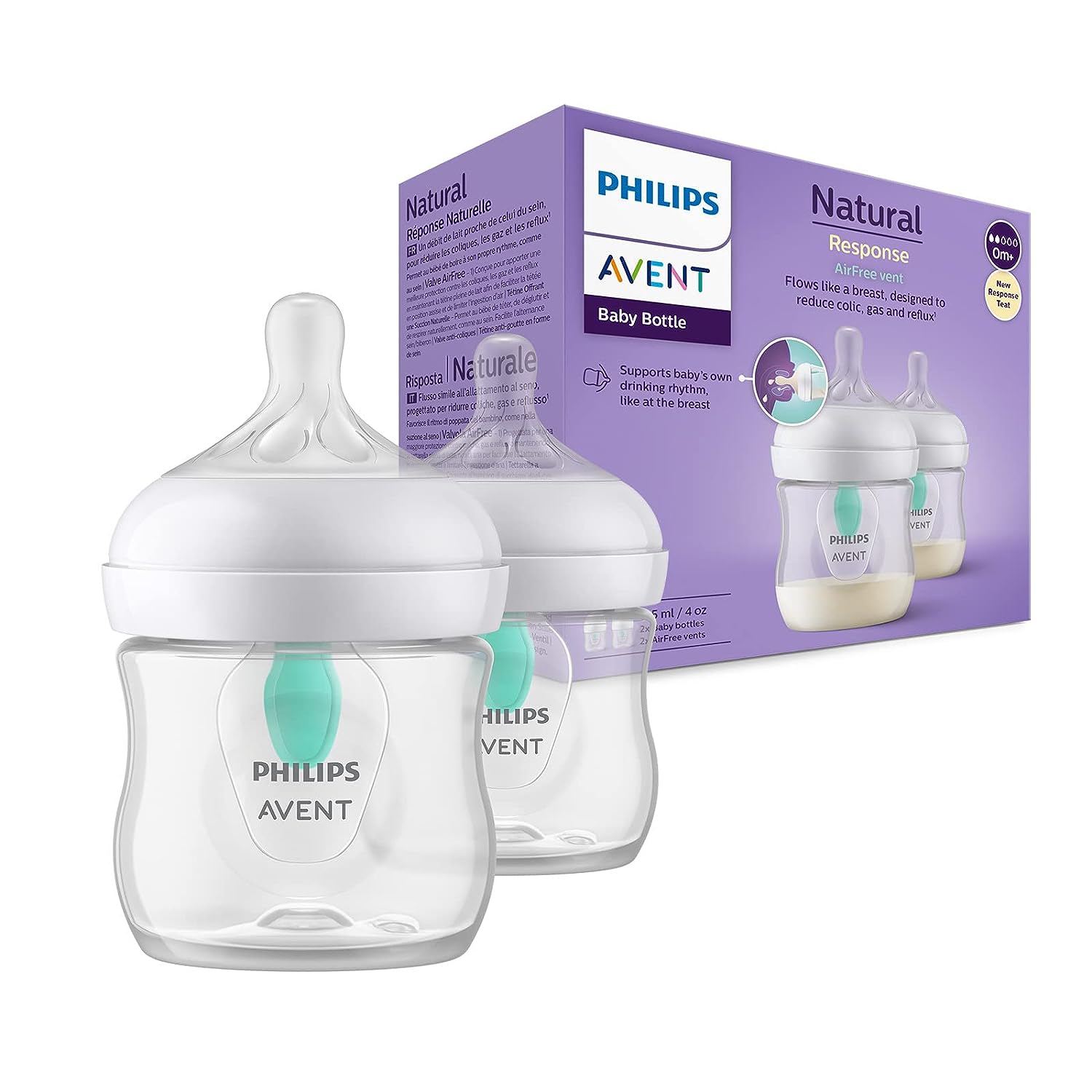 Philips Avent baby bottles Natural Response - 2x baby bottles with AirFree valve, 125 ml, BPA-free, for newborns from 0 months - Baby Bliss