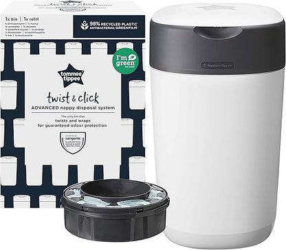 Tommee Tippee Twist & Click Advanced Nappy Bin, Environmentally Friendly System with 1 Refill Cassette with Sustainably Covered Antibacterial Greenfilm, White