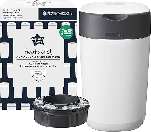Tommee Tippee Twist & Click Advanced Nappy Bin, Environmentally Friendly System with 1 Refill Cassette with Sustainably Covered Antibacterial Greenfilm, White
