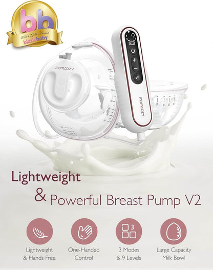 Momcozy Ultralight and Hands-Free Breast Pump V2, Powerful Portable Pump with 27 Pump Combinations, Low Noise, Pain-Free Portable Double Electric Pump, 17/19/21/24/27 mm Flange