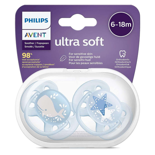 Philips Avent Ultra Soft Dummy, Pack of 2 - BPA Free Dummy for Babies from 0 to 6 Months, Blue