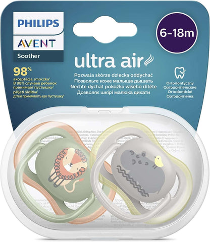 Philips Avent Ultra Air Pacifiers, 2-pack - BPA-free pacifier for babies from 6 to 18 months, lion/hippo