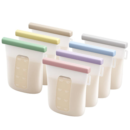 Nuliie Pack of 7 Reusable Breast Milk Bags, 8 oz/240 ml, Leak-Proof Breast Milk Storage, Freezer, Food Grade Silicone Milk Bags for Breastfeeding, BPA-Free, Self-Standing