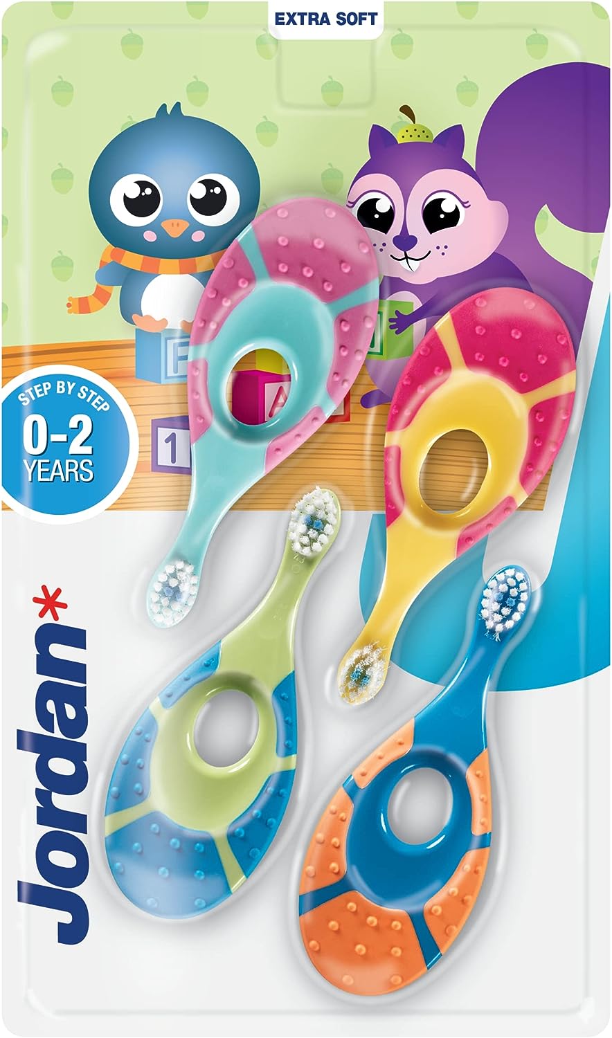 Jordan® Step 1 Baby Toothbrush | Baby Toothbrush 0-2 Years | The Original Toddler Toothbrush with Extra Soft Bristles and Soft Teether for Baby Rubbers and Easy Grip 4 Pack - Baby Bliss