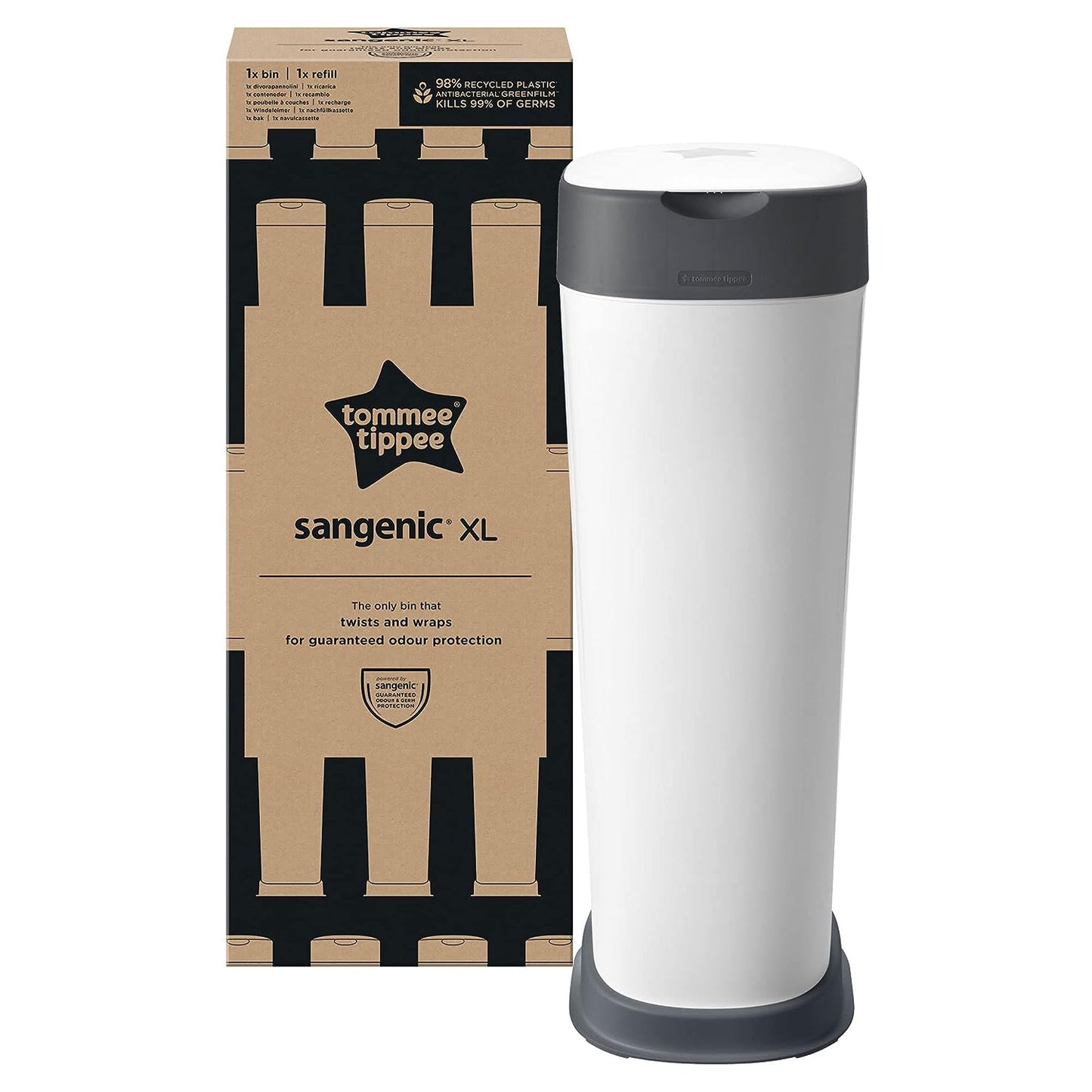 Tommee Tippee Twist & Click Nappy Bin XL, Holds up to 60 Nappies, 76 cm High, Environmentally Friendly System with 1 Refill Cassette with Sustainably Covered Antibacterial Greenfilm