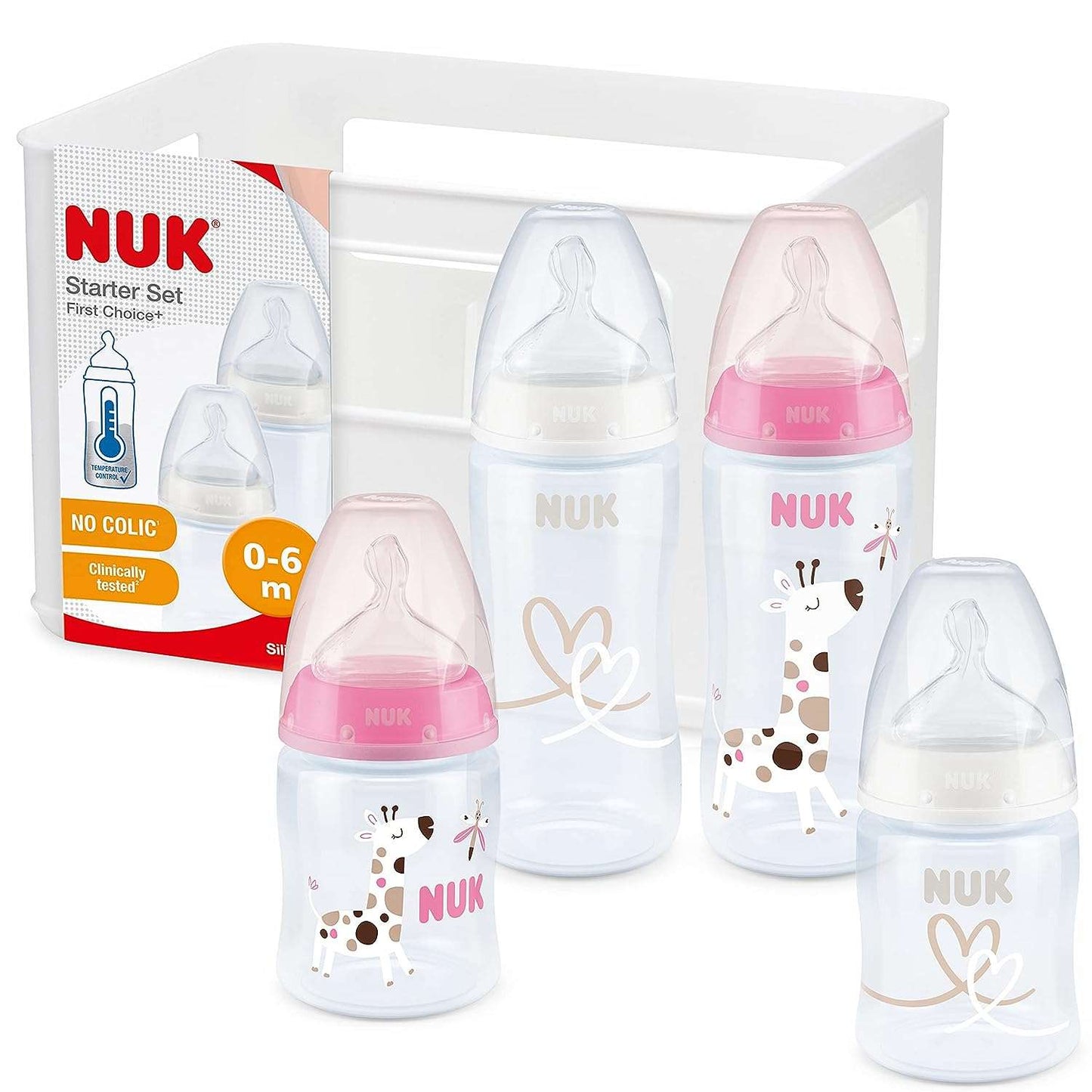 NUK First Choice+ Baby Bottle Starter Set, 0-6 Months, 4 Bottles with Temperature Control & Bottle Box, Anti-Colic Air System, BPA-Free, 5 Pieces, Pink