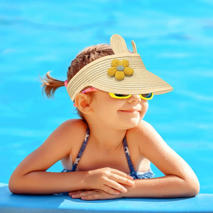 Yaopelky baby girls roll-up straw hat toddler cute flower open top visor hat summer beach sun protection cap adjustable