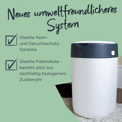 Tommee Tippee Twist & Click Advanced Nappy Bin, Environmentally Friendly System with 1 Refill Cassette with Sustainably Covered Antibacterial Greenfilm, White