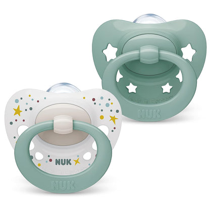 NUK Signature Dummy | BPA Free Silicone Dummy | 0-6 Months | Green Stars | Pack of 2 - Baby Bliss