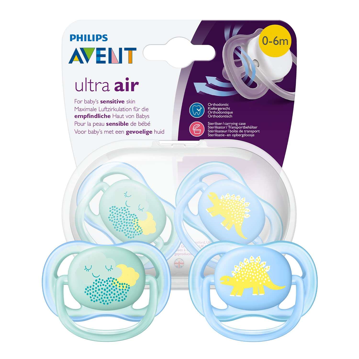 Philips Avent SCF085/01 Ultra Air dummy, breathable, orthodontic, BPA-free, 0-6 months, pack of 2, blue/yellow