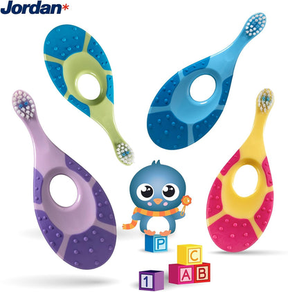 Jordan® Step 1 Baby Toothbrush | Baby Toothbrush 0-2 Years | The Original Toddler Toothbrush with Extra Soft Bristles and Soft Teether for Baby Rubbers and Easy Grip 4 Pack - Baby Bliss
