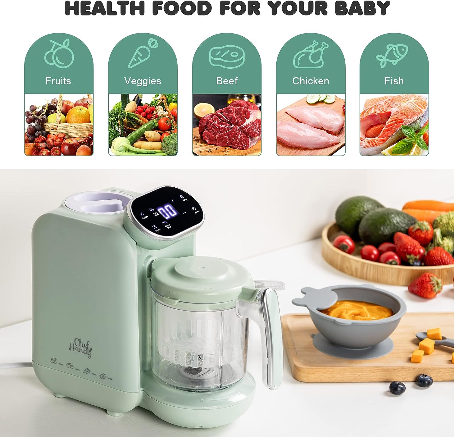 CHEFHANDY 5-in-1 baby food processor, baby food maker, baby food preparer, baby food preparation, bottle warmer - baby steaming, mixing, warming up - Baby Bliss