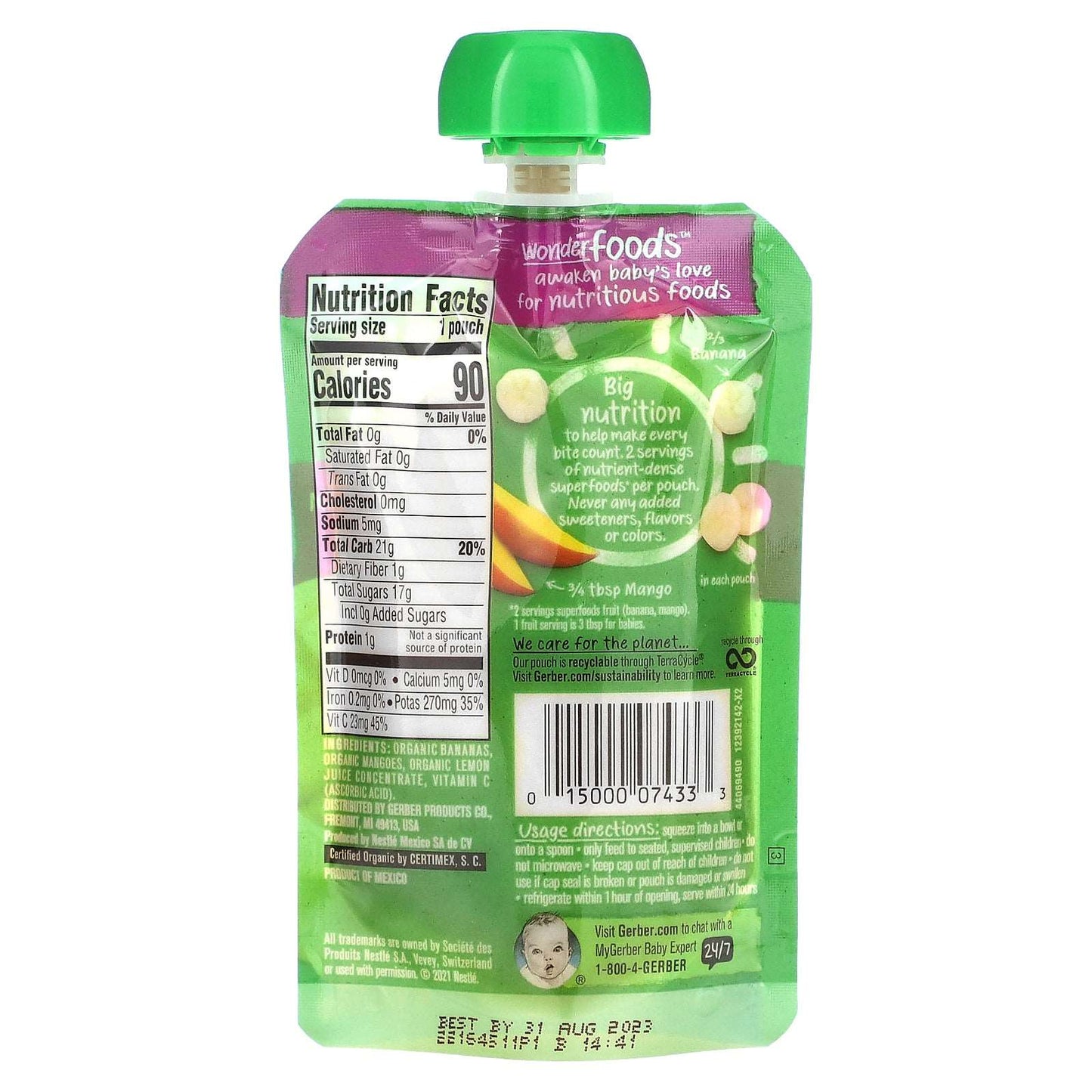 Gerber, Organic for Baby, Wonder Foods, 2nd Foods, Banana and Mango, 3.5 oz (99 g)