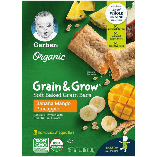Gerber, Organic, Grain & Grow, Soft Baked Cereal Bars, 12 Months+, Banana Mango Pineapple, 8 Individually Wrapped Bars, 0.68 oz (19 g) Each