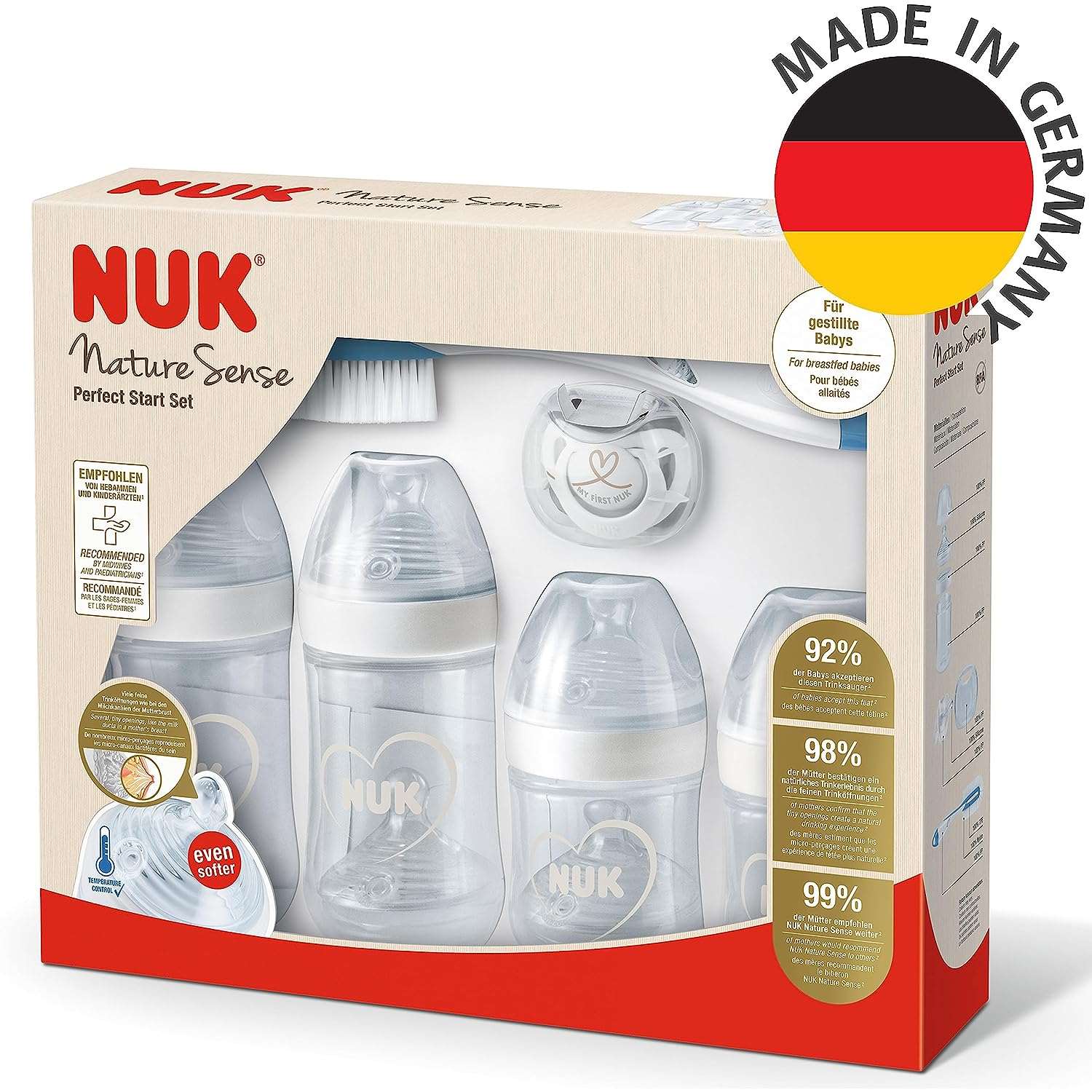 Nuk Nature Sense Baby Bottles | 0-18 Months | 2 x Anti-Colic Baby Bottles & Genius Pacifiers | BPA Free | Pack of 4 Perfect Start Set beige