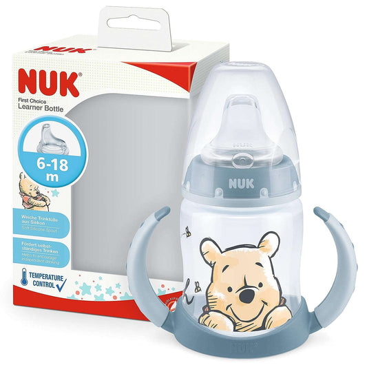 NUK First Choice+ Training Bottle | 6-18 Months | 150ml | Temperature Control Display | Anti-Colic Valve | Ergonomic Handles | BPA Free | Disney Winnie the Pooh (Blue) (Package May Vary)