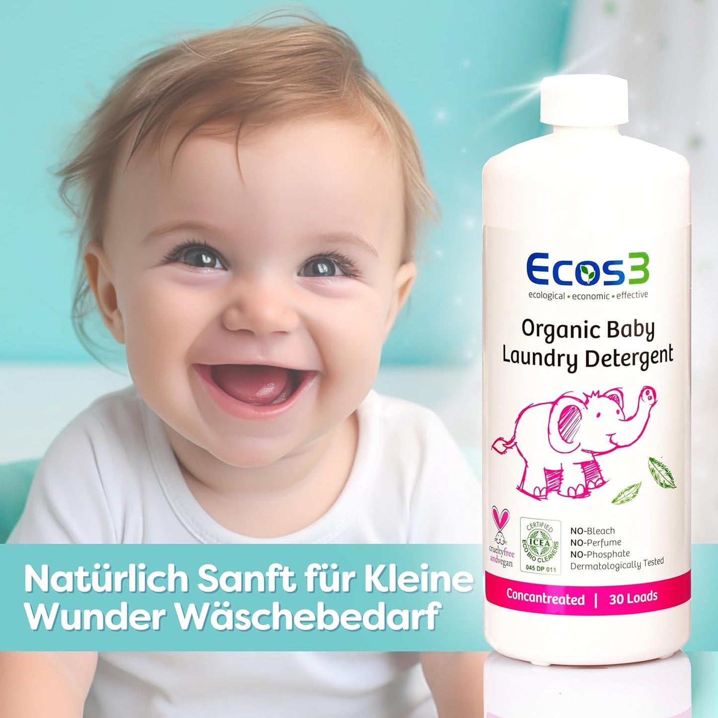 Organic Baby Detergent, Ecocert Certified, Eco-Friendly, Fragrance-Free, Vegan, Hypoallergenic, Dermatologically Tested, for Sensitive Skin, Concentrated - 30 Washes