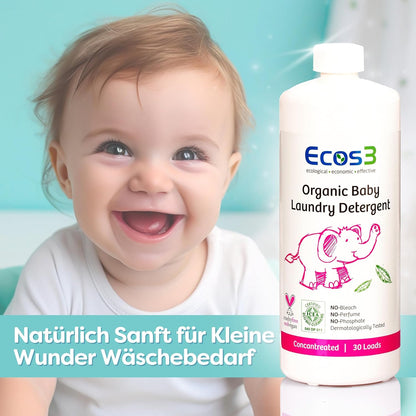 Organic Baby Detergent, Ecocert Certified, Eco-Friendly, Fragrance-Free, Vegan, Hypoallergenic, Dermatologically Tested, for Sensitive Skin, Concentrated - 30 Washes