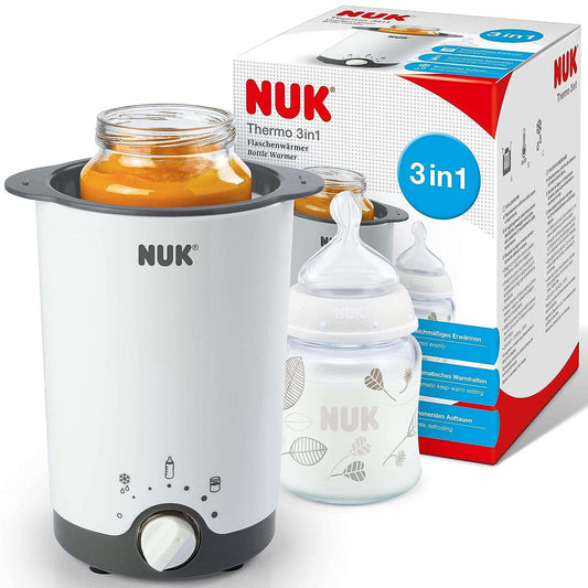 NUK Thermo 3-in-1 bottle warmer for easy, safe and gentle heating, defrosting and keeping warm, for glasses and bottles.