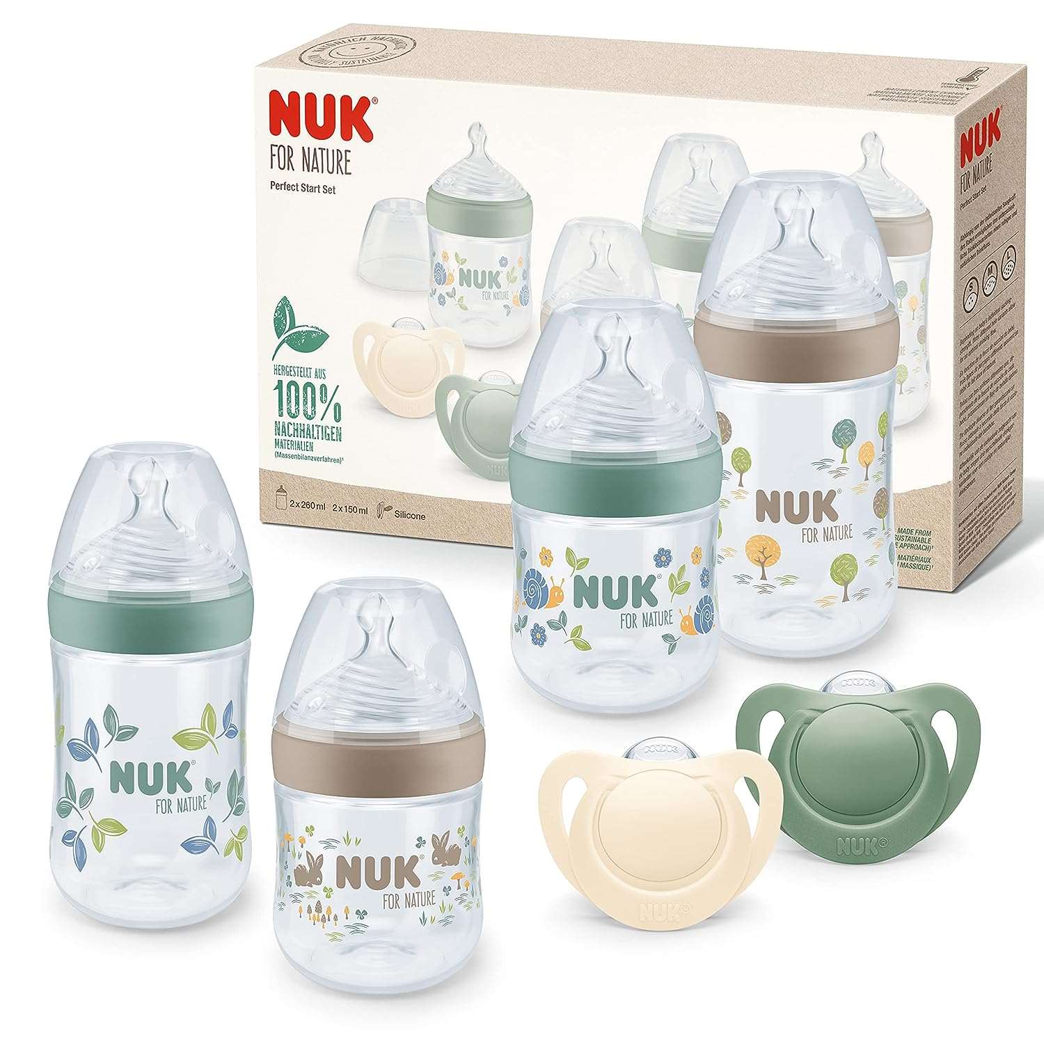 NUK for Nature Perfect Start Set, 4 Bottles with Temperature Control Display (2 x 150 ml Size S, 2 x 260 ml M), 2 Dummies (0-6 Months), Multi-Coloured