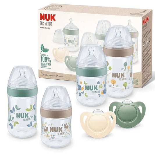 NUK for Nature Perfect Start Set, 4 Bottles with Temperature Control Display (2 x 150 ml Size S, 2 x 260 ml M), 2 Dummies (0-6 Months), Multi-Coloured