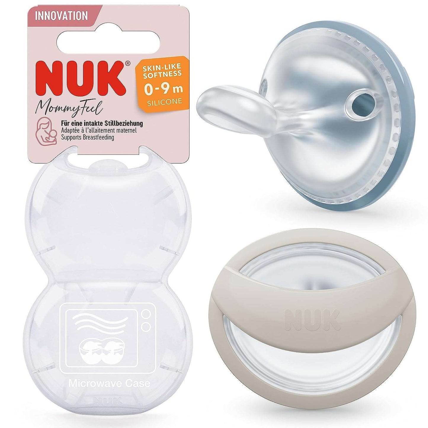 NUK MommyFeel Soother | For an Intact Breastfeeding Relationship | BPA Free Silicone | 0-9 Months | Pack of 2 | Blue & Grey