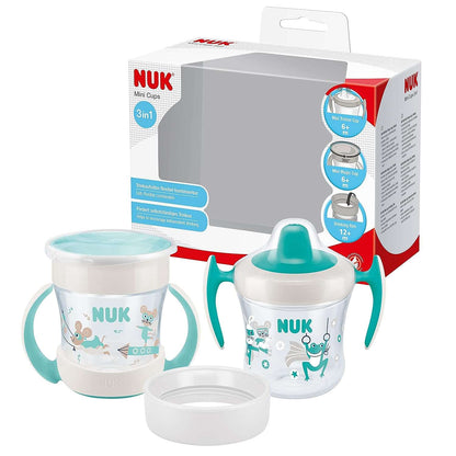 NUK Mini Cups 3-in-1 Learning Cup Set, Mini Magic Cup and Trainer Cup, Leak-Proof 360° Drinking Rim from 6 Months, Practical Handles, BPA-Free, 160 ml, Pack of 2