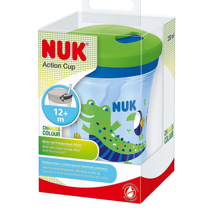 NUK Action Cup Children's Drinking Cup, Chameleon Effect, 12+ Months, Twist Lid with Soft Straw, Leak-Proof, BPA-Free, 230 ml, Crocodile, Green, 120 g