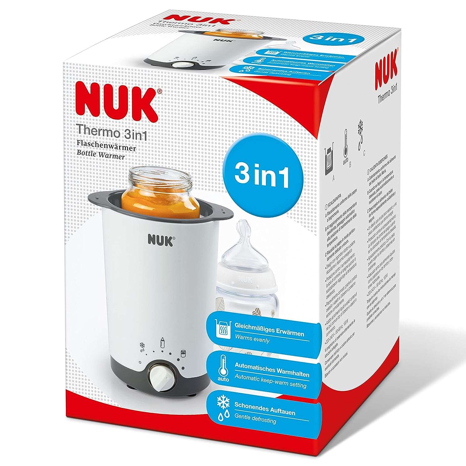 NUK Thermo 3-in-1 bottle warmer for easy, safe and gentle heating, defrosting and keeping warm, for glasses and bottles.